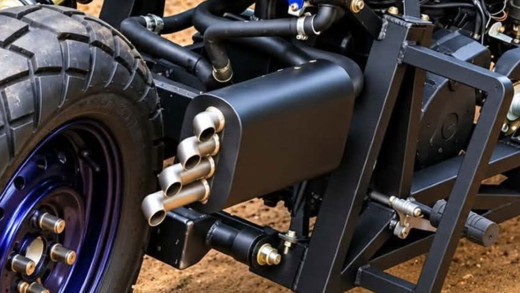 Custom front-mounted exhaust and silencer on the Kawasaki ER5 tilting trike, featuring four small exhaust outlets.
