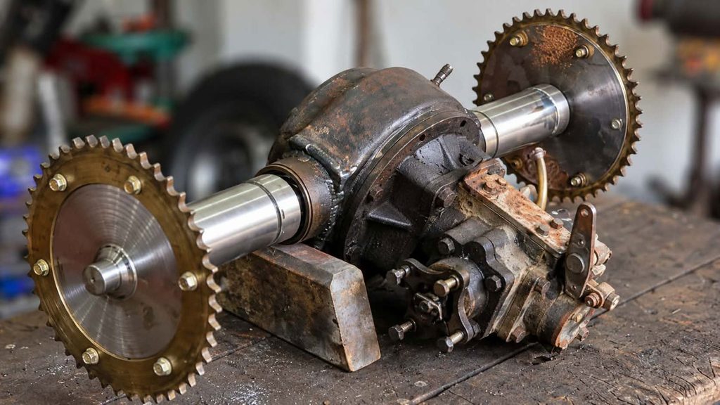 Kawasaki ER5 tilting trike modified differential with twin rear sprockets and axle shafts
