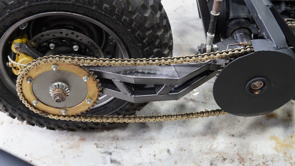 Kawasaki ER5 Tilting Trike custom rear swing arm and chain drive
