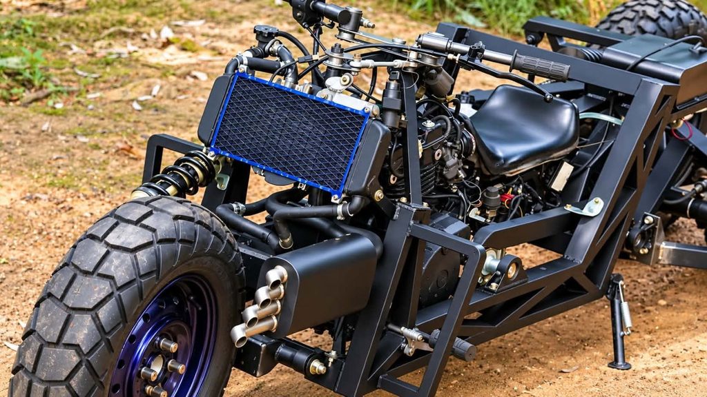 Custom Kawasaki ER5 tilting trike with a front-mounted radiator, single front wheel, exposed engine, custom chassis, and suspension system.