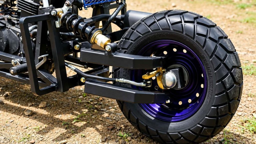 Kawasaki ER5 tilting trike front wheel and suspension assembly.
