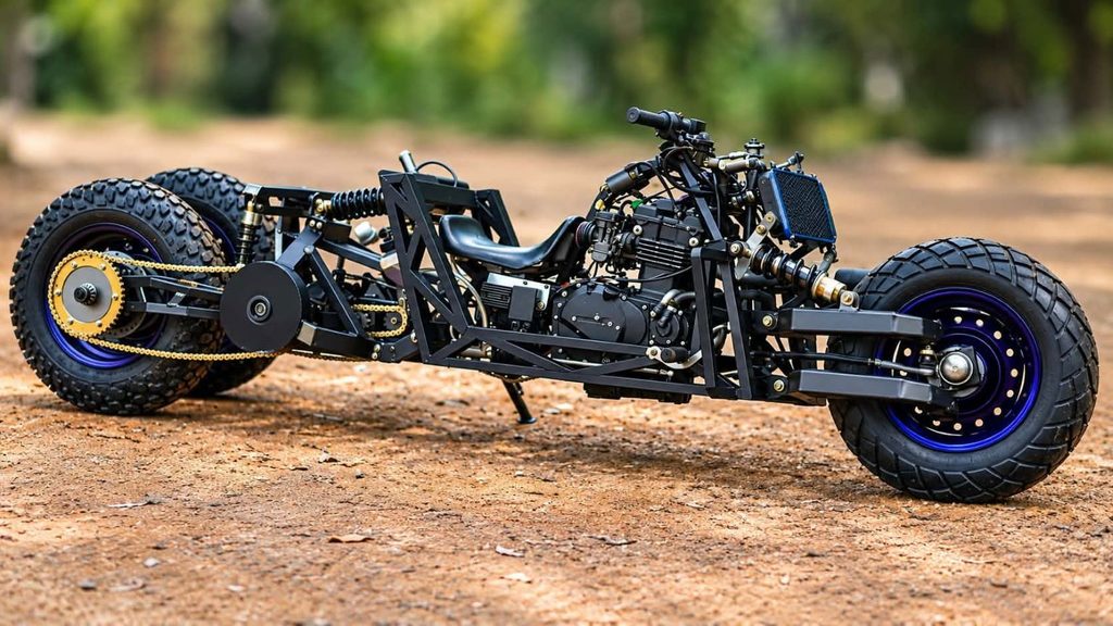 Side view of the custom Kawasaki ER5 tilting trike showing its 235 cm wheelbase, single front wheel, twin rear wheels, long custom chassis, exposed engine, and rear drivetrain.